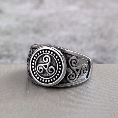 Vintage Solid Stainless Steel Viking Symbol Circle Spiral Ring for Men