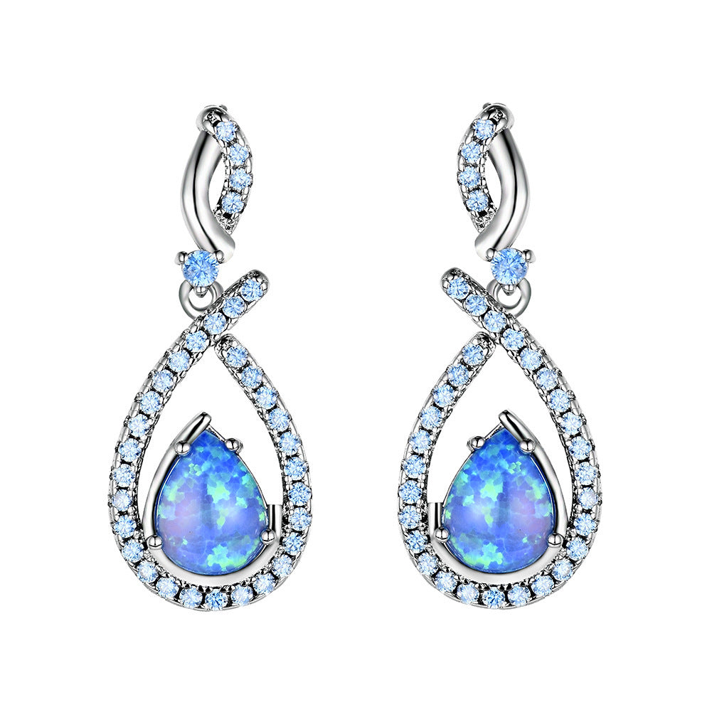 Women's Pear Shape Halo White & Blue Opal Teardrop Dangle Earrings, White Gold Plating