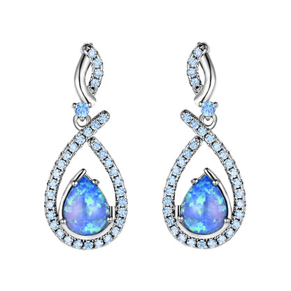 Women's Pear Shape Halo White & Blue Opal Teardrop Dangle Earrings, White Gold Plating