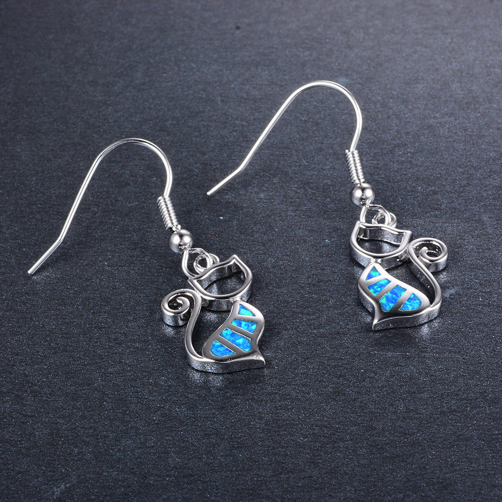 Women's Hollow Cat Blue & White Opal Dangle Earrings, White Gold Plating