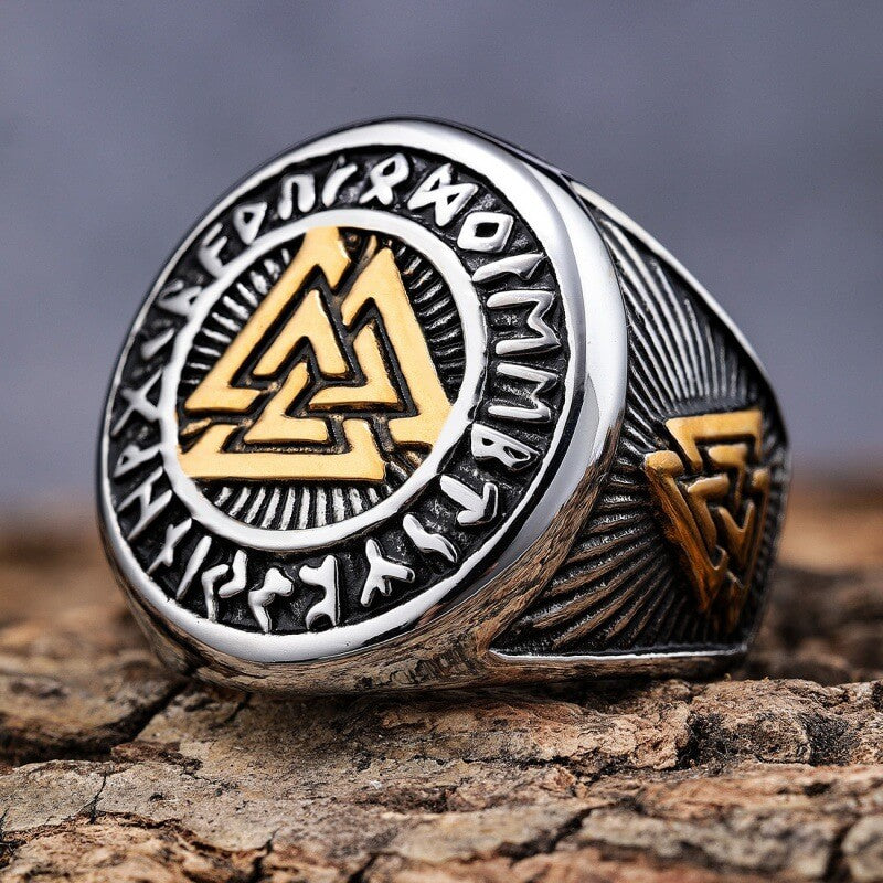 Vintage Nordic Solid Stainless Steel Viking Rune Triangle Ring for Men