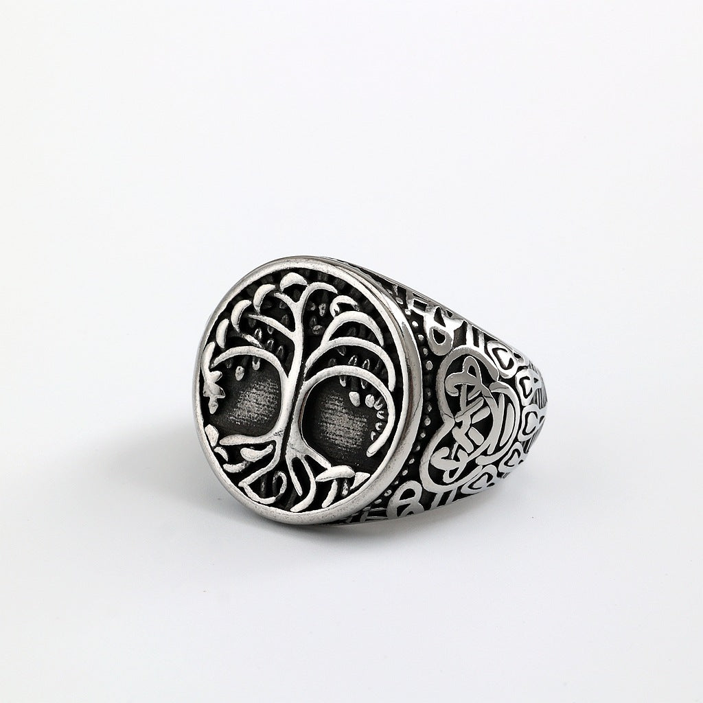 Vintage Nordic Stainless Steel Viking Tree of Life Celtic Knot Round Ring for Men