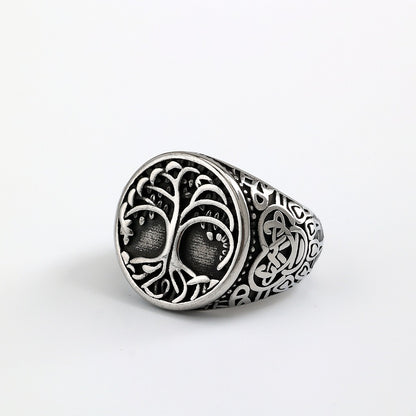 Vintage Nordic Stainless Steel Viking Tree of Life Celtic Knot Round Ring for Men