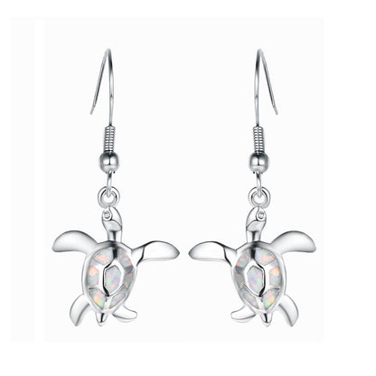 Women's Sea Turtle Shape Opal Dangle Earrings, Blue Opal / White Opal