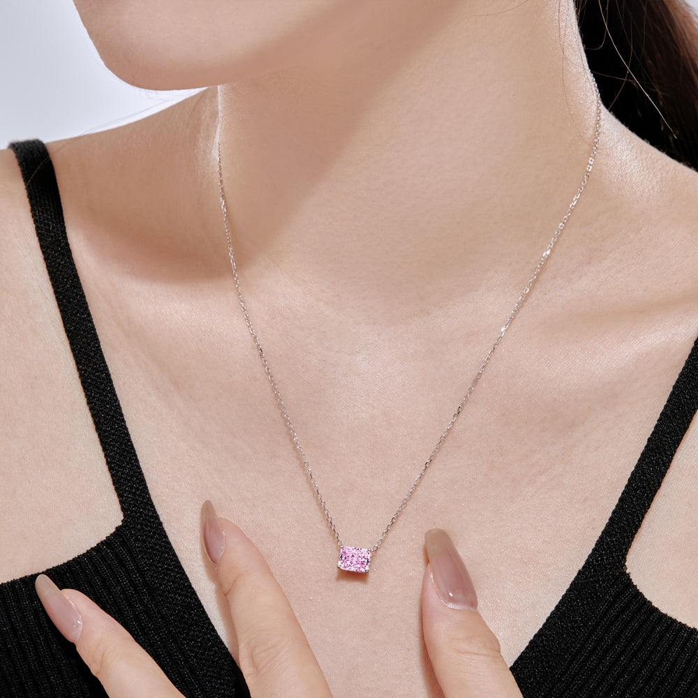 Women's Luxury Pendant Necklace, Rectangle Shape Crushed Ice Cut Pink Sapphire Inlay, S925 with White Gold Plating