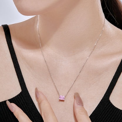 Women's Luxury Pendant Necklace, Rectangle Shape Crushed Ice Cut Pink Sapphire Inlay, S925 with White Gold Plating