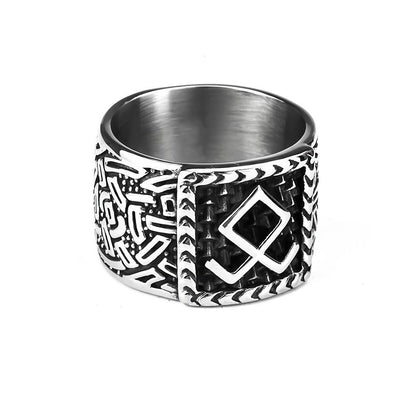 Vintage Solid Stainless Steel Norse Viking Rune Textured Carved Wide Band Ring for Men