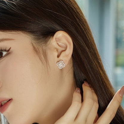 Women's Four‑Petal Flower Stud Earrings, Clear Center Stone with Zirconia Halo, S925 with White Gold Plating