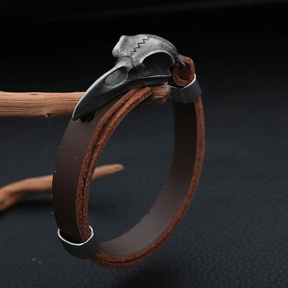 Men's Vintage Stainless Steel Raven Skull Leather Bracelet, Simple Versatile Punk Rock Adjustable Wrist Cuff