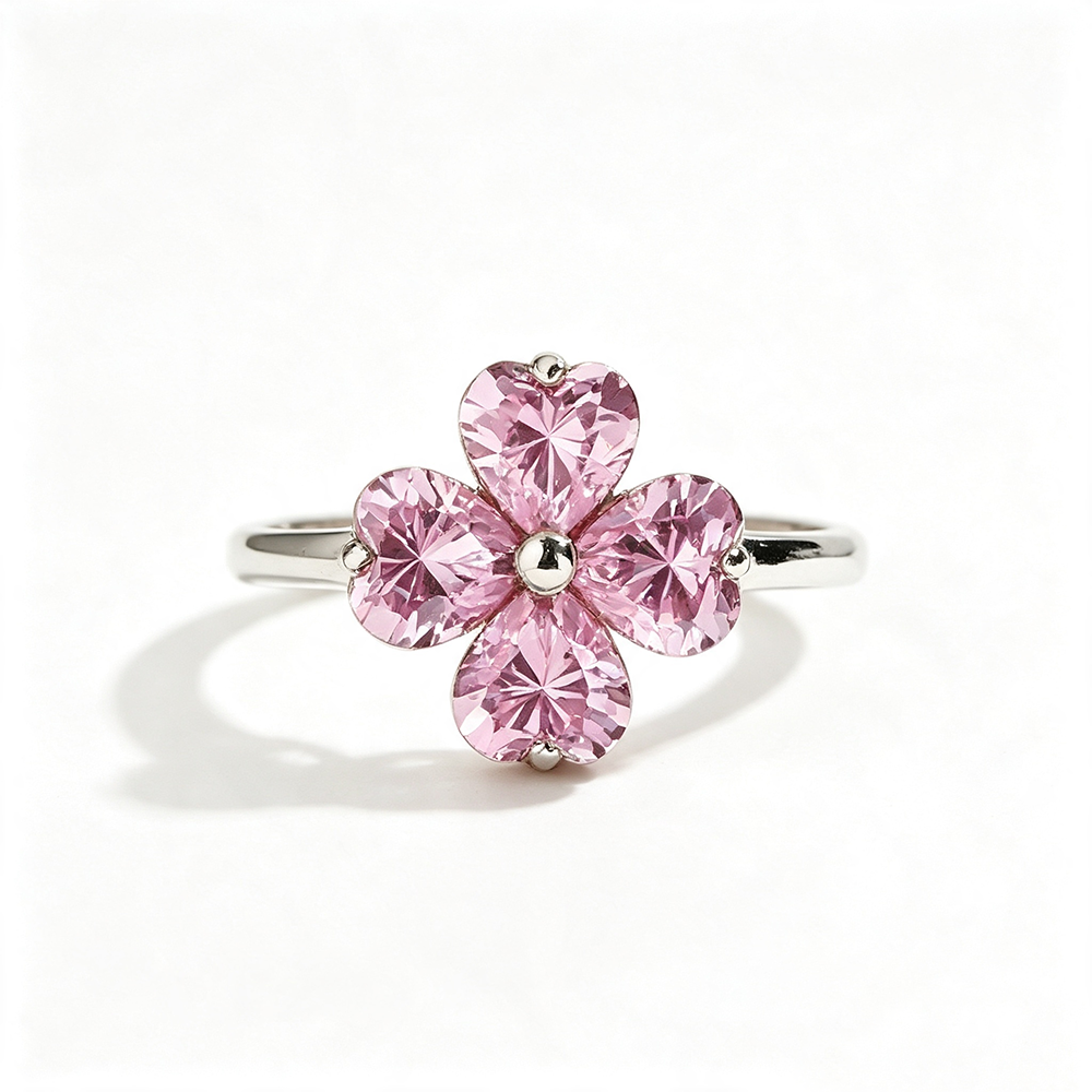 Women's Pink Heart Shape Zirconia Inlaid Clover Simple Ladies Ring, S925 with White Gold Plating Fashion Jewelry Ring