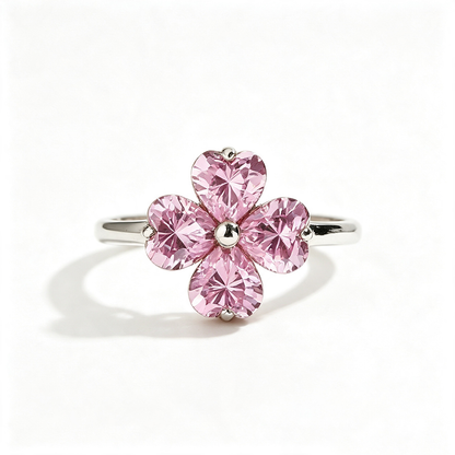 Women's Pink Heart Shape Zirconia Inlaid Clover Simple Ladies Ring, S925 with White Gold Plating Fashion Jewelry Ring