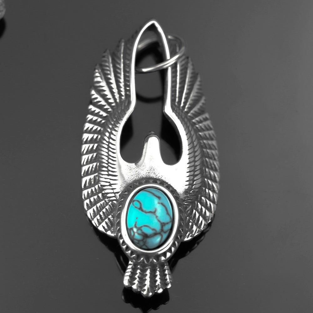 Men's Steel Flying Eagle With Turquoise Pendant Necklace