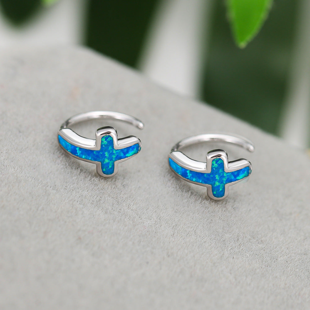 Women's Cross Opal C‑Shape Huggie Hoop Earrings, with White Gold Plating
