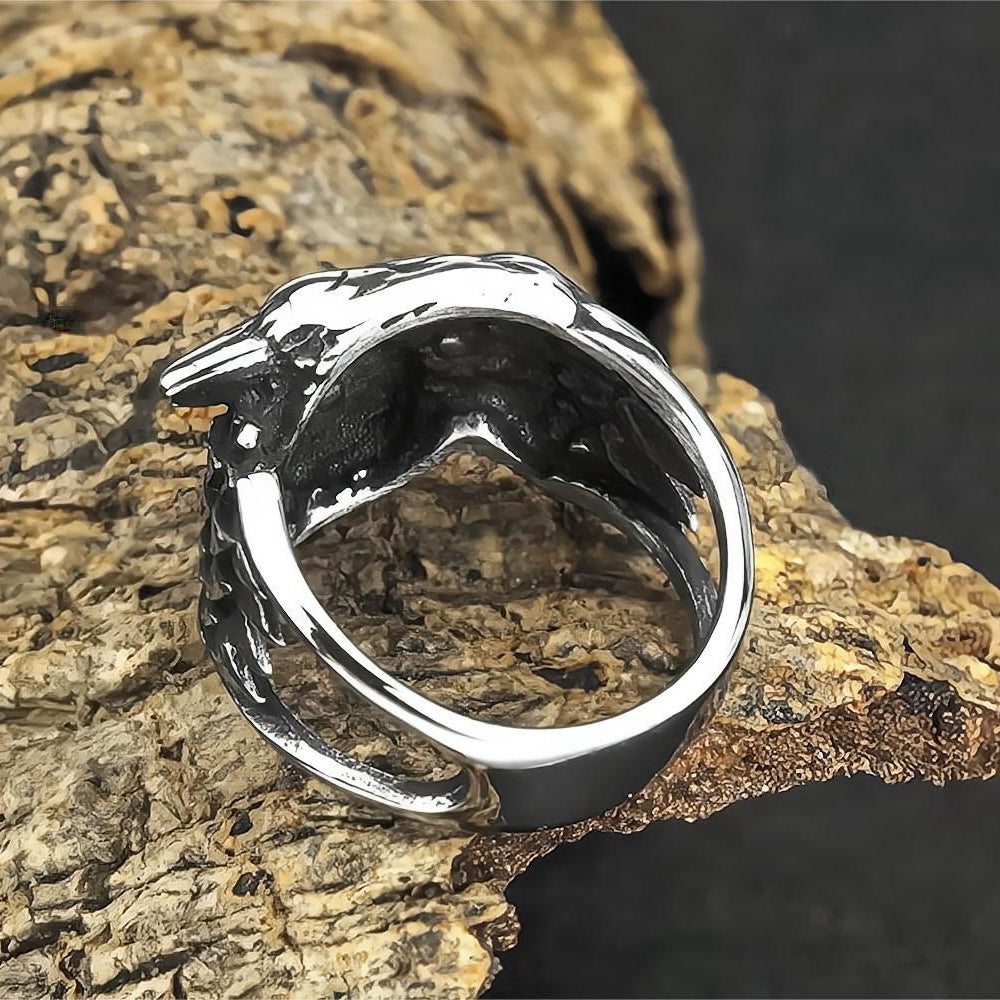 Vintage Solid Stainless Steel Norse Viking Double Raven Totem Band Ring for Men