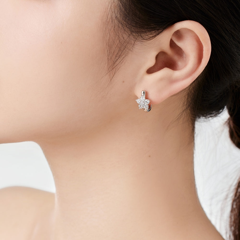 Women's Flower Huggie Hoop Earrings, Inlaid Round Zirconia, S925 with White Gold Plating