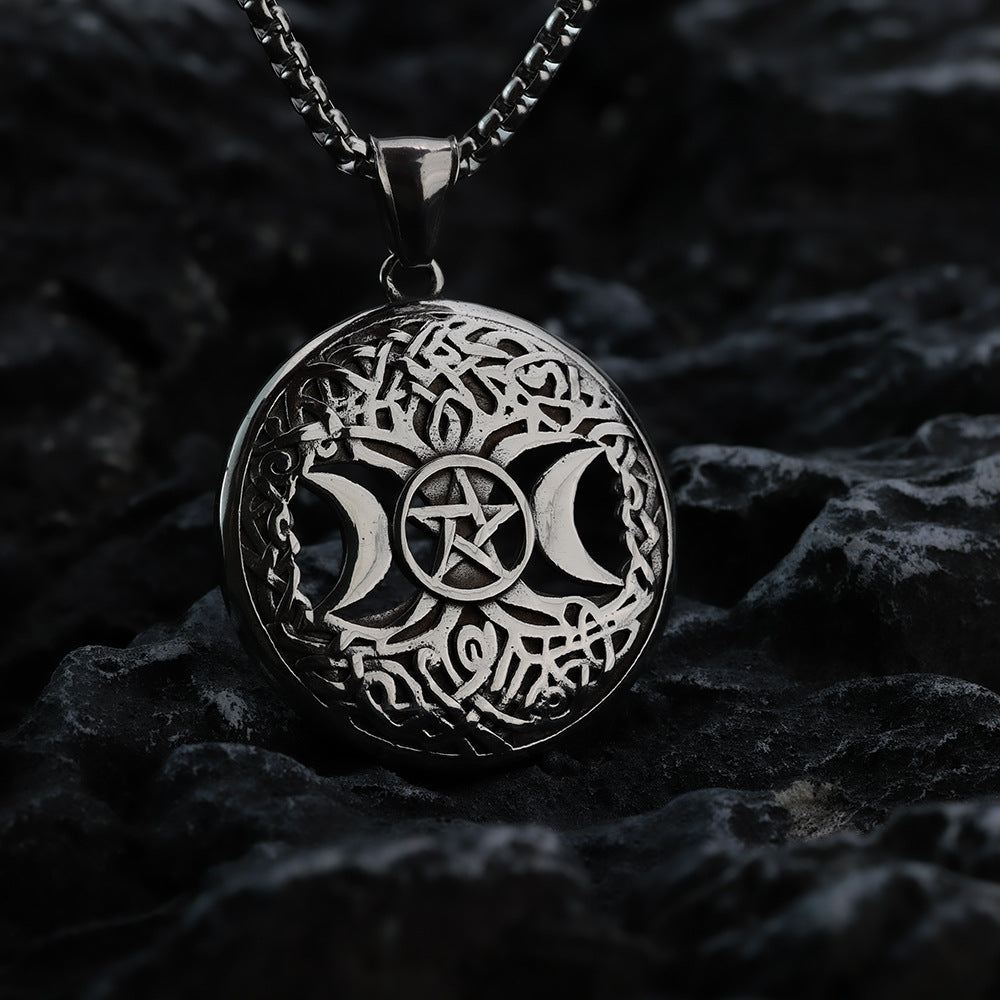 Men's Steel Triple Moon Tree of Life Pentagram Round Tag Pendant Necklace