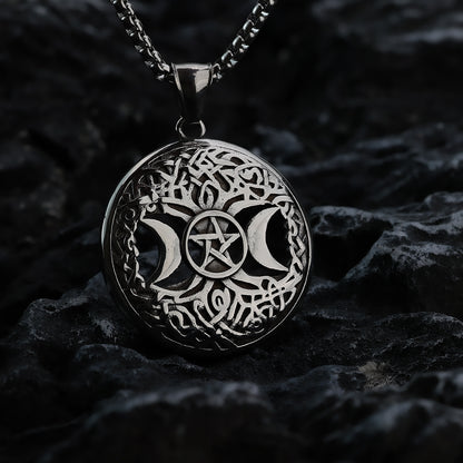 Men's Steel Triple Moon Tree of Life Pentagram Round Tag Pendant Necklace