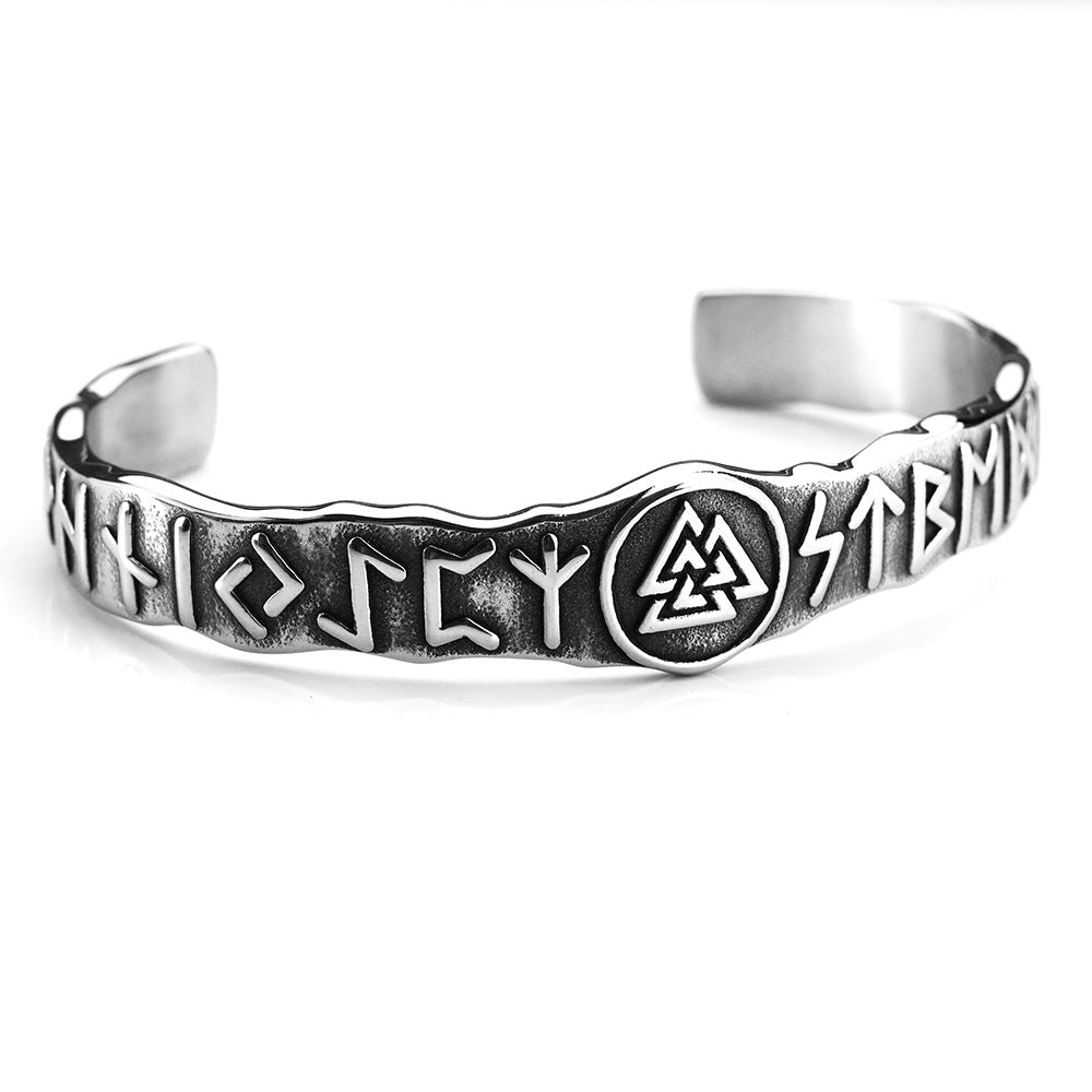 Nordic Pirate Retro Viking Rune Symbols Open C Bracelet for Men, Vintage Stainless Steel Cuff Bangle