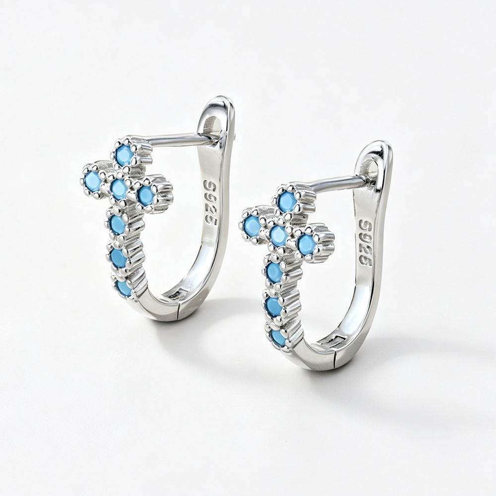 Women's Blue Zirconia Cross Hoop Earrings, S925 with White Gold Plating