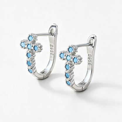 Women's Blue Zirconia Cross Hoop Earrings, S925 with White Gold Plating