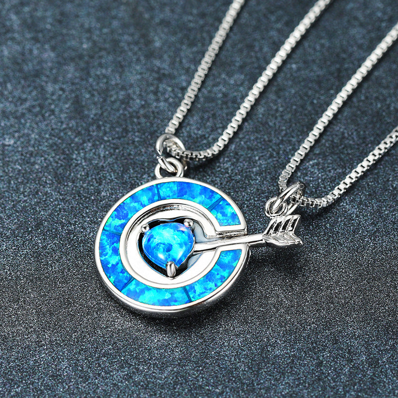 Blue Opal Circle Heart Arrow Necklace