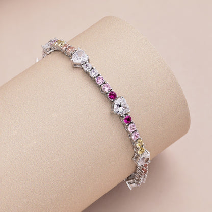 Women's High‑End Tennis Bracelet, Multicolor Mixed Heart & Round Zirconia Inlay With Lobster Clasp, S925 with White Gold Plating