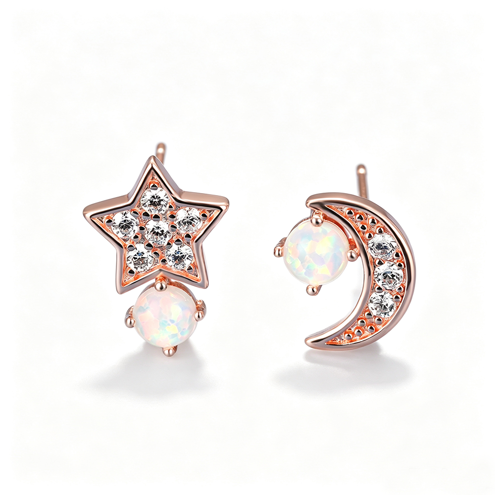 Women's Asymmetric Star Moon Zirconia Blue & White Opal Stud Earrings, White Gold / Rose Gold Plating