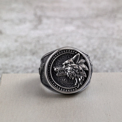 Vintage Solid Stainless Steel Viking Odin Wolf Head Round Ring for Men