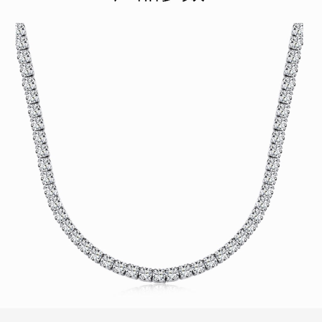 S925 Tennis Necklace, Prong Set Single Row Square CZ, Sparkling Full Zircon Hip Hop Extended Chain Choker