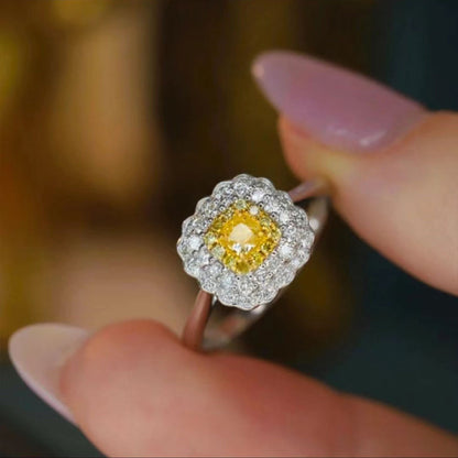 Women's White Gold Cushion Shape Layered Stones Yellow Gem Halo Adjustable Ring