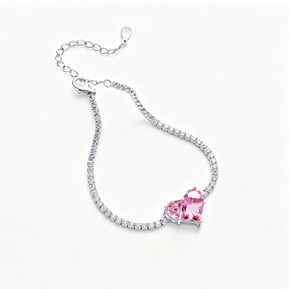 Women's Delicate Tennis Bracelet, Pink Heart Shape Center Zirconia Paved Inlay, S925 with White Gold Plating