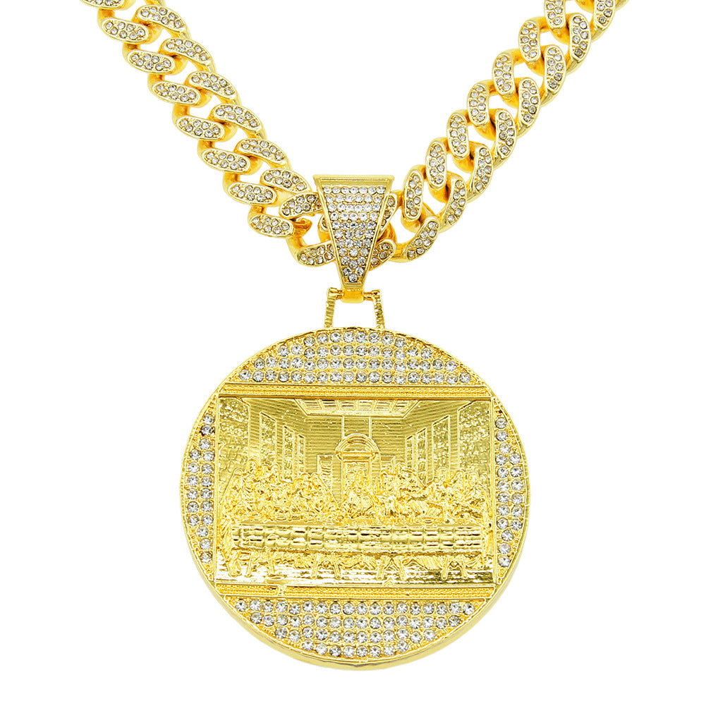 Hip-Hop Exaggerated Zircon-Encrusted Large Round Plate Last Supper Pendant Necklace