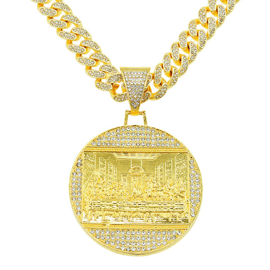 Hip-Hop Exaggerated Zircon-Encrusted Large Round Plate Last Supper Pendant Necklace