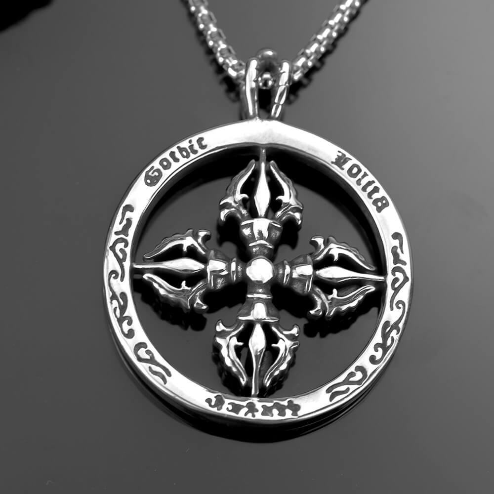 Men's Steel Hollow Vajra Round Pendant Necklace