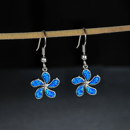 Women's Five‑Petal Flower Blue Opal Fish Hook Dangle Earrings, with White Gold Plating