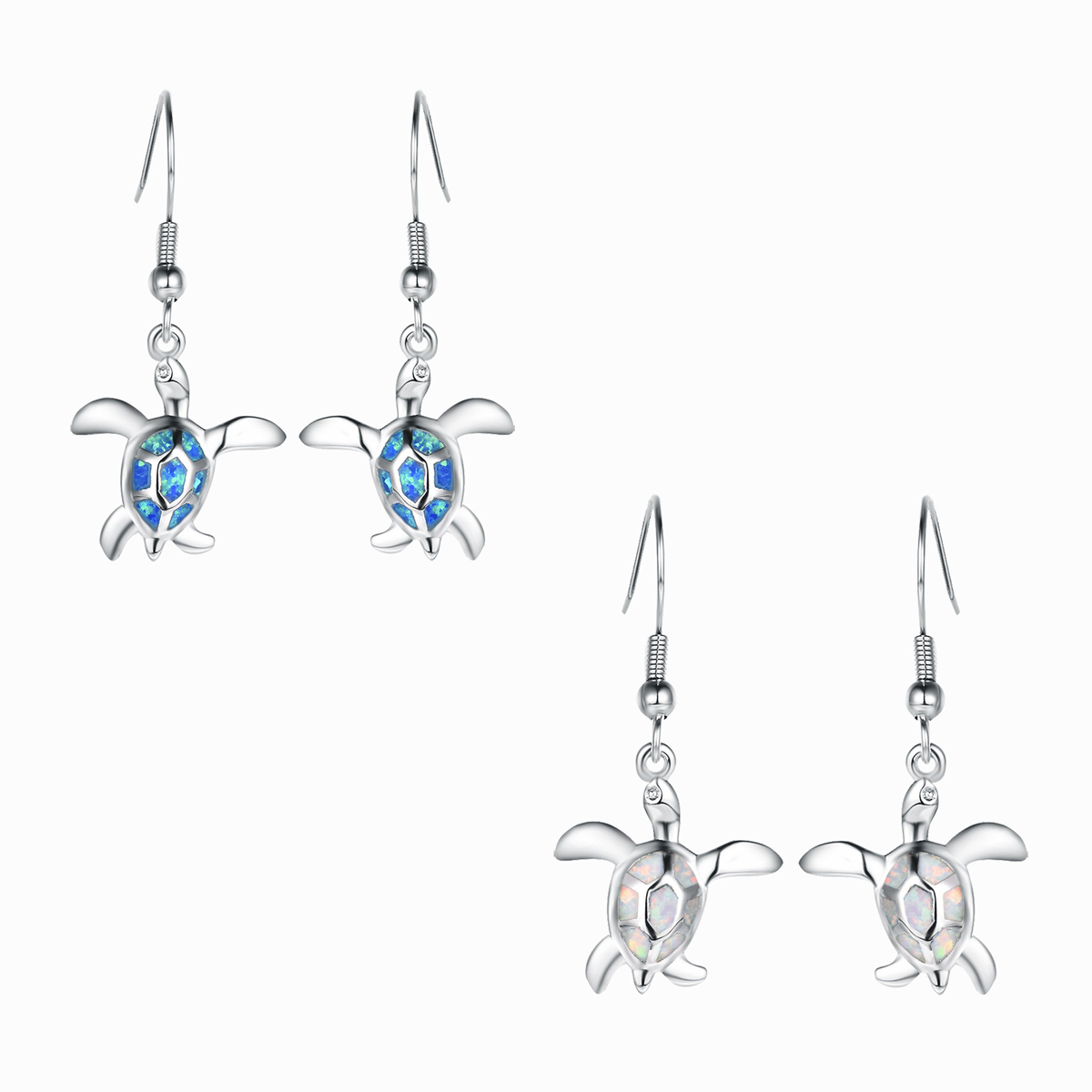 Women's Sea Turtle Shape Opal Dangle Earrings, Blue Opal / White Opal