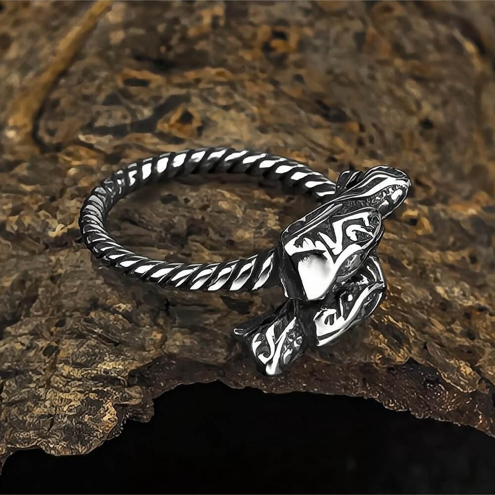 Vintage Solid Stainless Steel Twisted Band Norse Double Dragon Head Ring for Men
