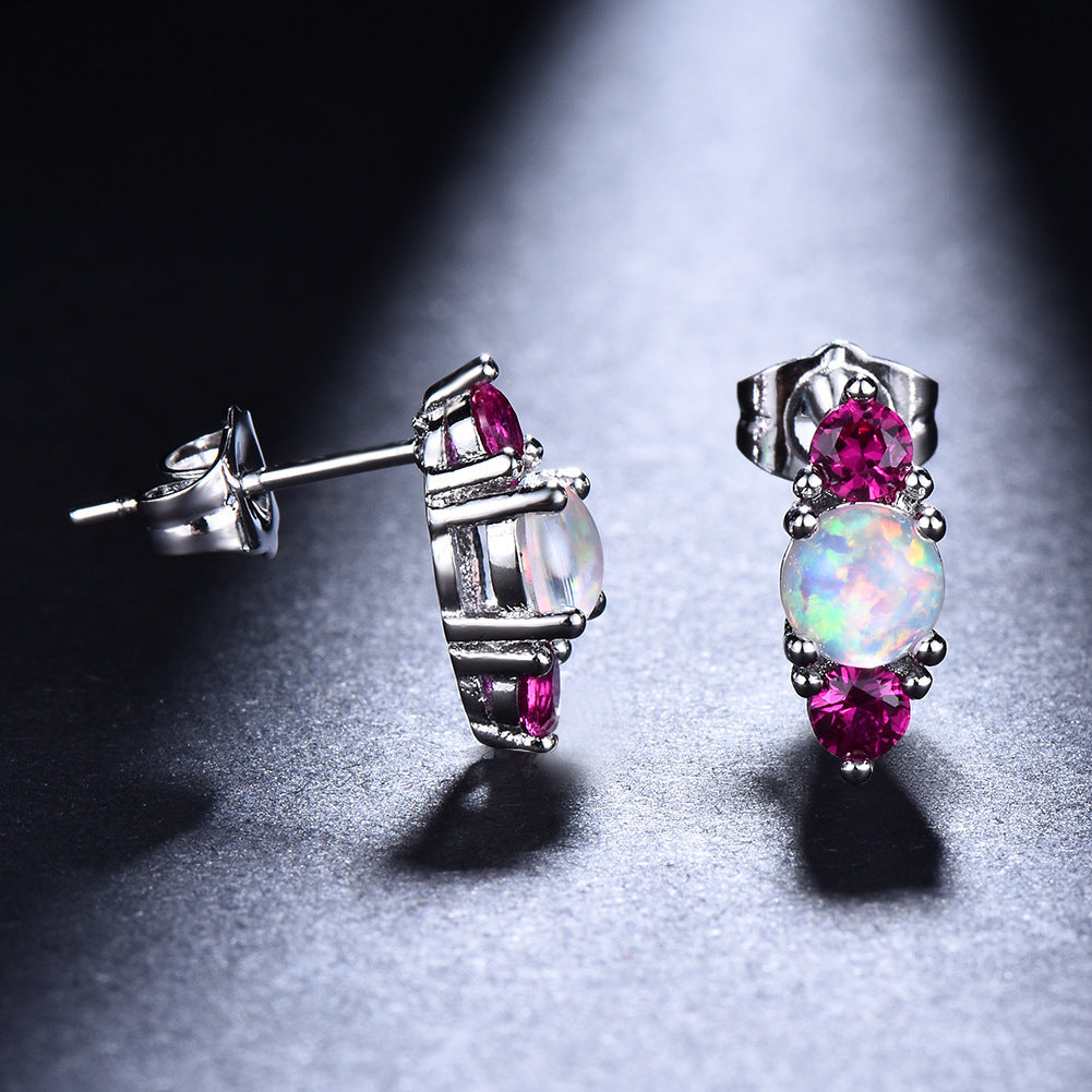 Women's Stud Earrings, White Opal With Wine‑Red Gemstone / White Opal With Emerald Gemstone