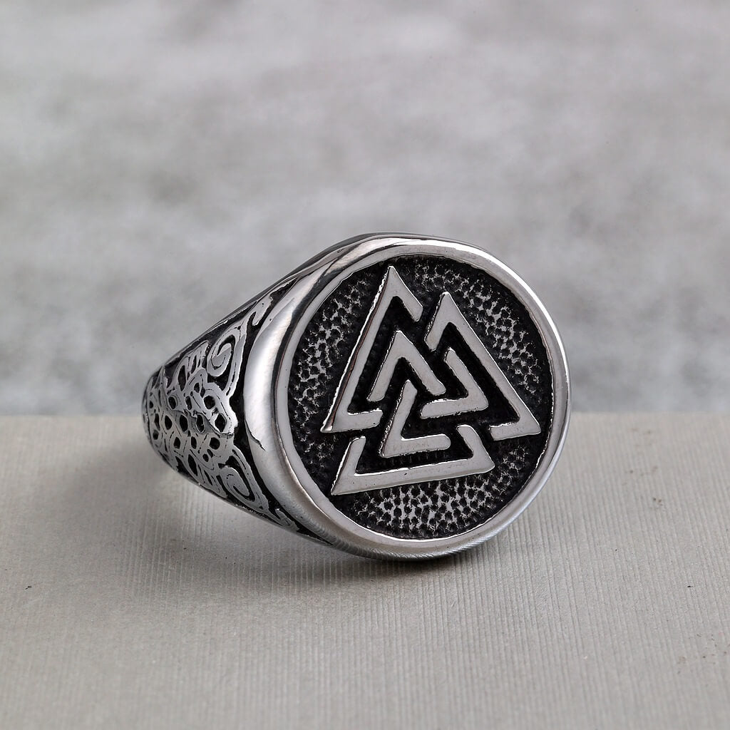 Vintage Solid Stainless Steel Viking Triangle Symbol Round Ring for Men