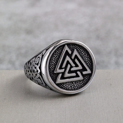 Vintage Solid Stainless Steel Viking Triangle Symbol Round Ring for Men