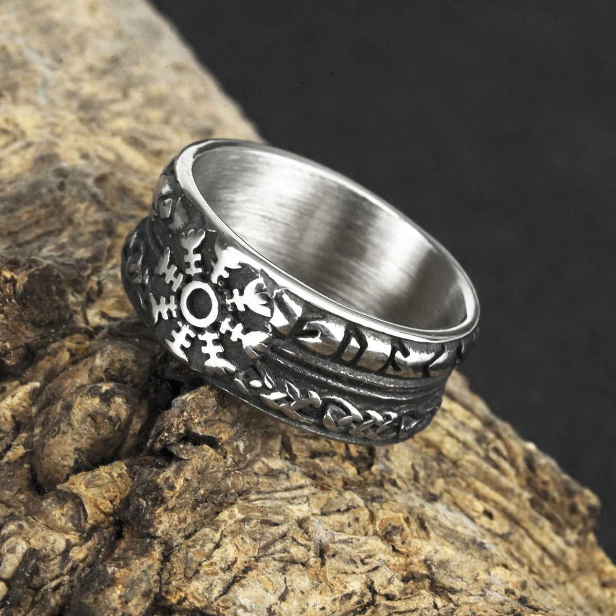 Vintage Solid Stainless Steel Norse Viking Helm of Awe Rune Carved Wide Band Ring for Men