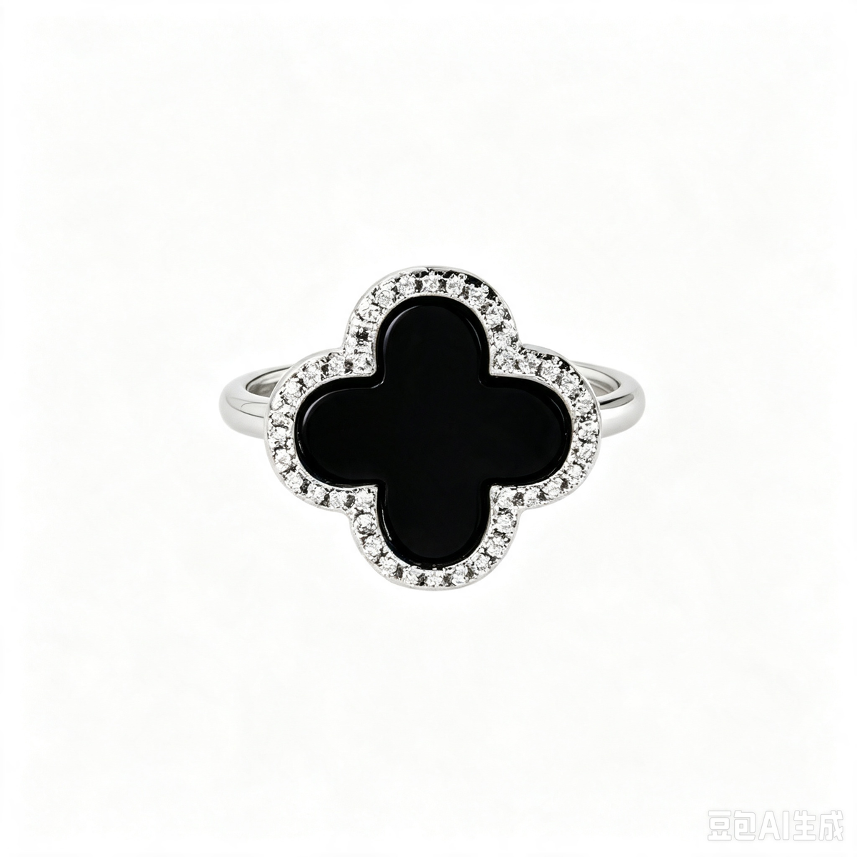 Women's S925 Silver White Gold Tone Ring, Four-Leaf Clover Shape Black Agate Halo Design Ladies Fashion Ring