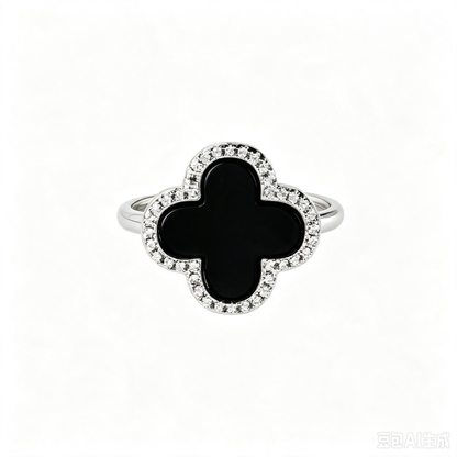 Women's S925 Silver White Gold Tone Ring, Four-Leaf Clover Shape Black Agate Halo Design Ladies Fashion Ring