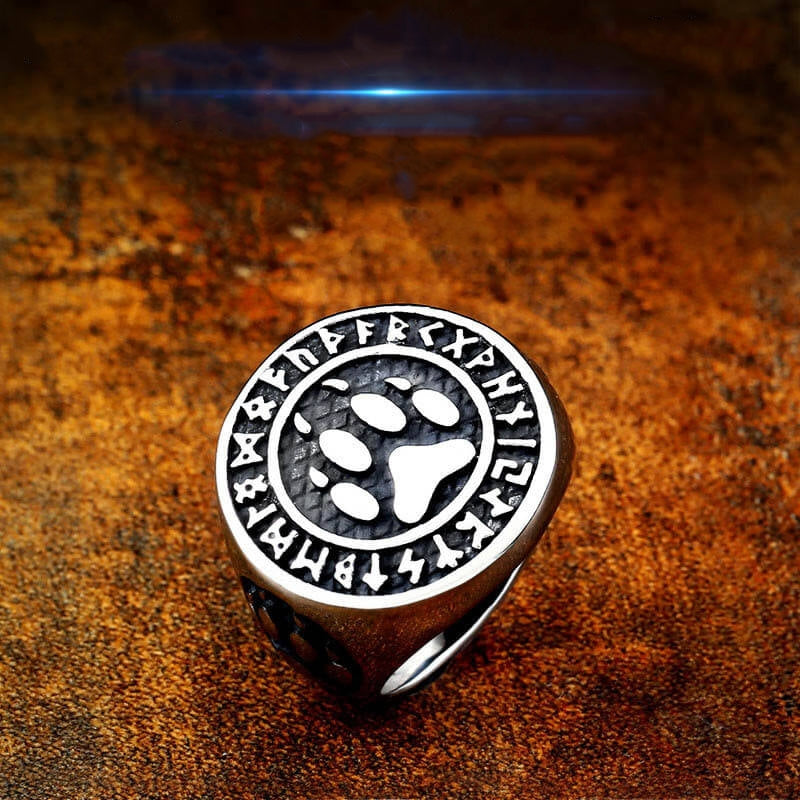 Vintage Stainless Steel Viking Rune Bear Paw Round Signet Ring for Men
