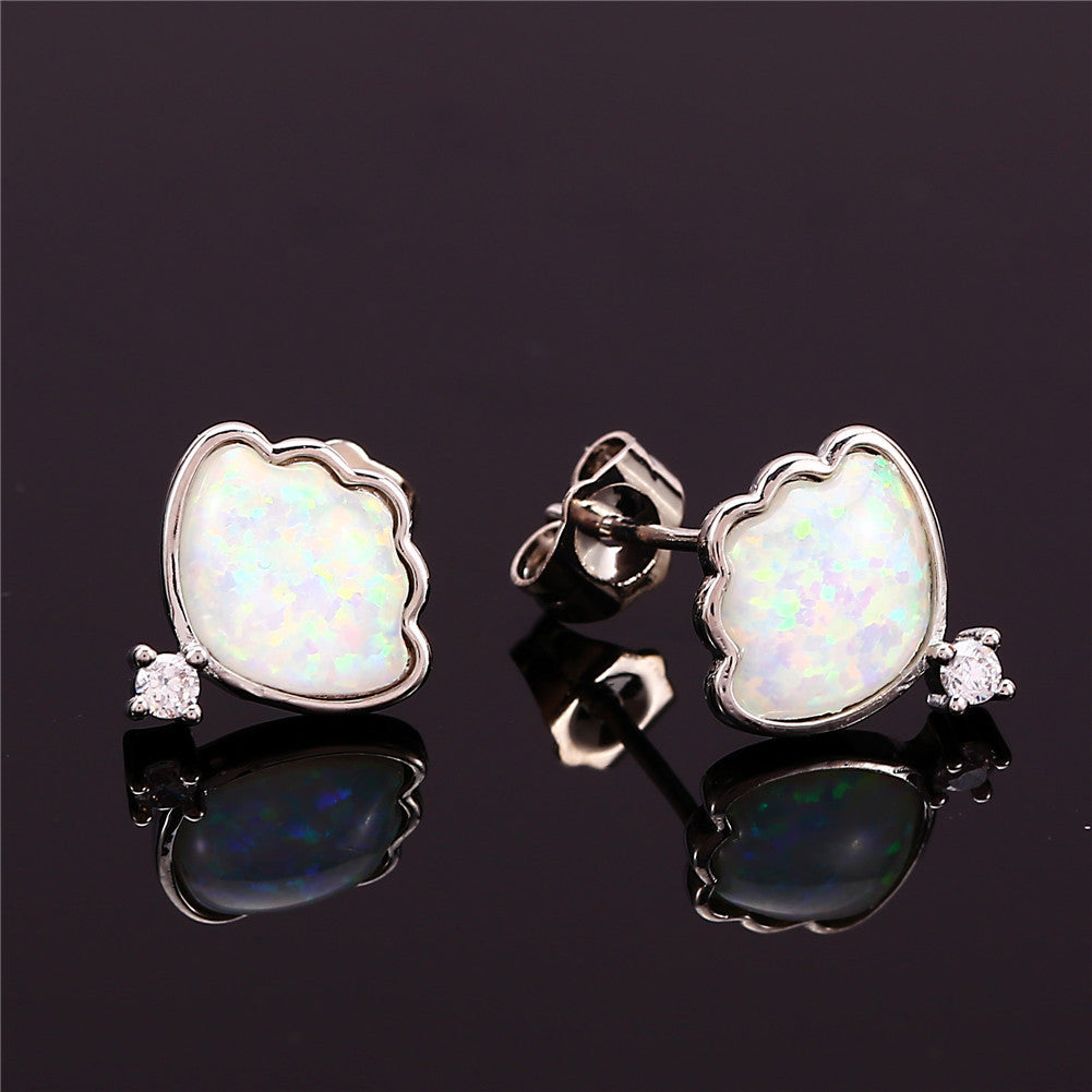 Women's Shell‑Shape Opal With Zirconia Accent Stud Earrings, with White Gold Plating