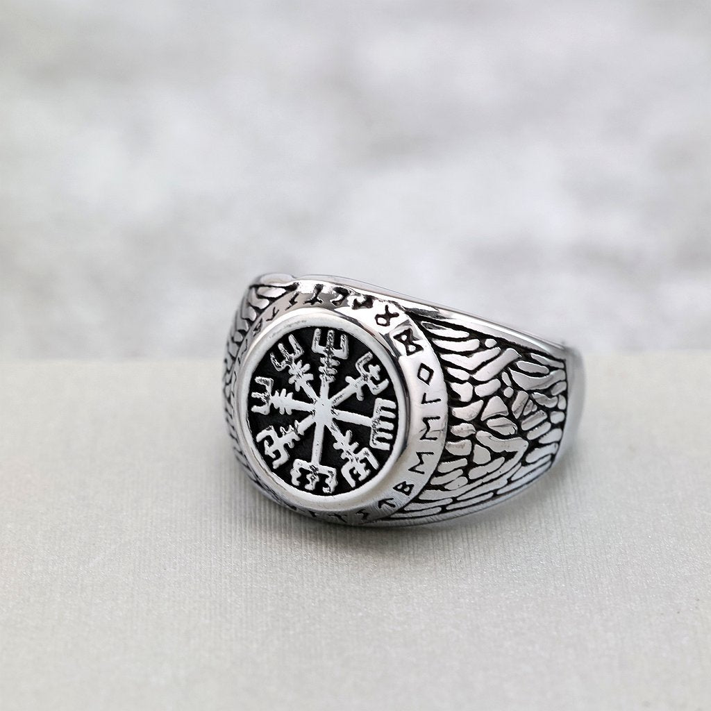 Vintage Solid Stainless Steel Viking Vegvisir Rune Band Ring for Men