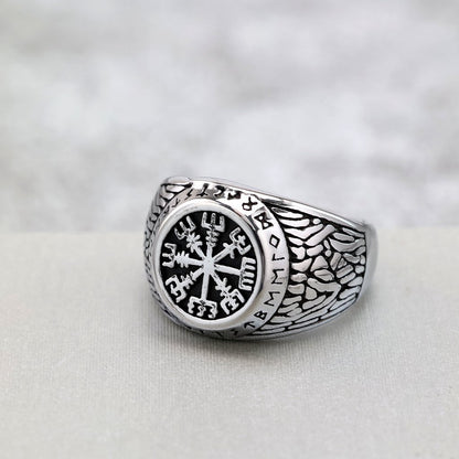 Vintage Solid Stainless Steel Viking Vegvisir Rune Band Ring for Men