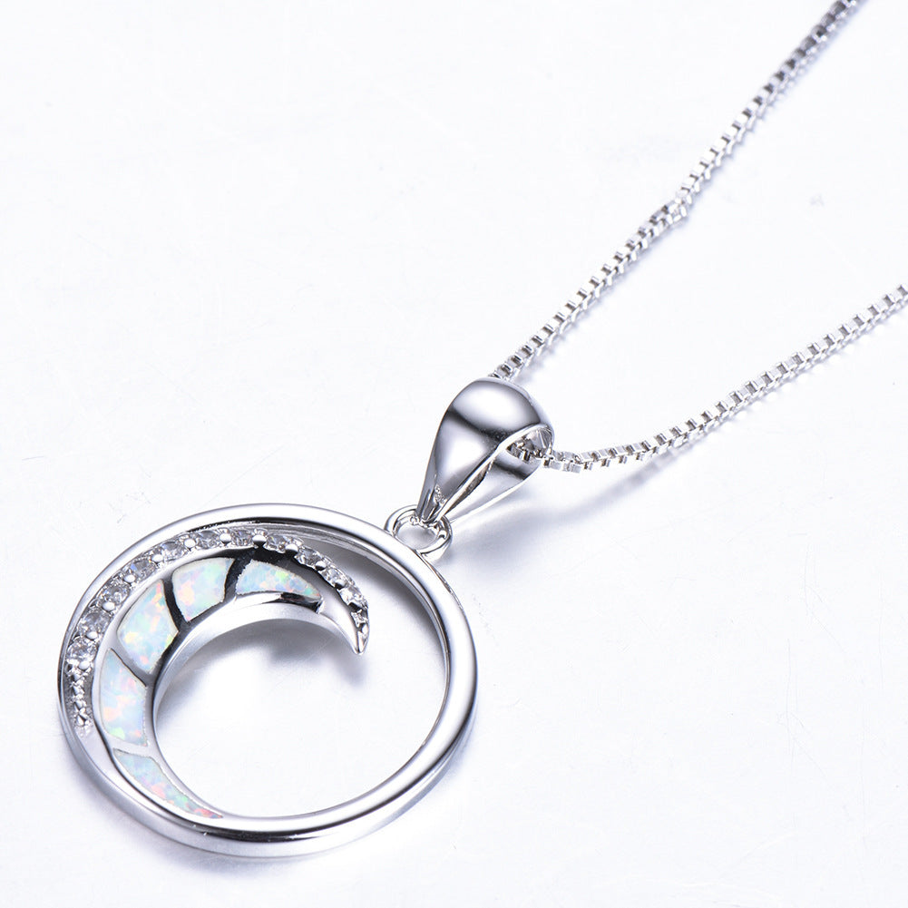925 Silver Opal White Diamond Crescent Shaped Smooth Circle Pendant Necklace