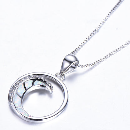 925 Silver Opal White Diamond Crescent Shaped Smooth Circle Pendant Necklace