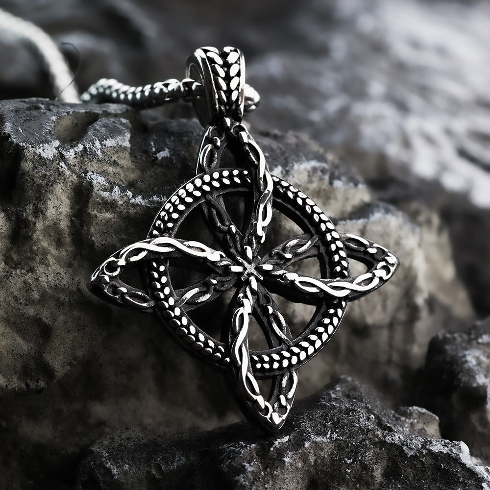 Vintage Antique Oxidized Stainless Steel Men's Hollow Celtic Four Leaf Love Knot Viking Pendant Necklace